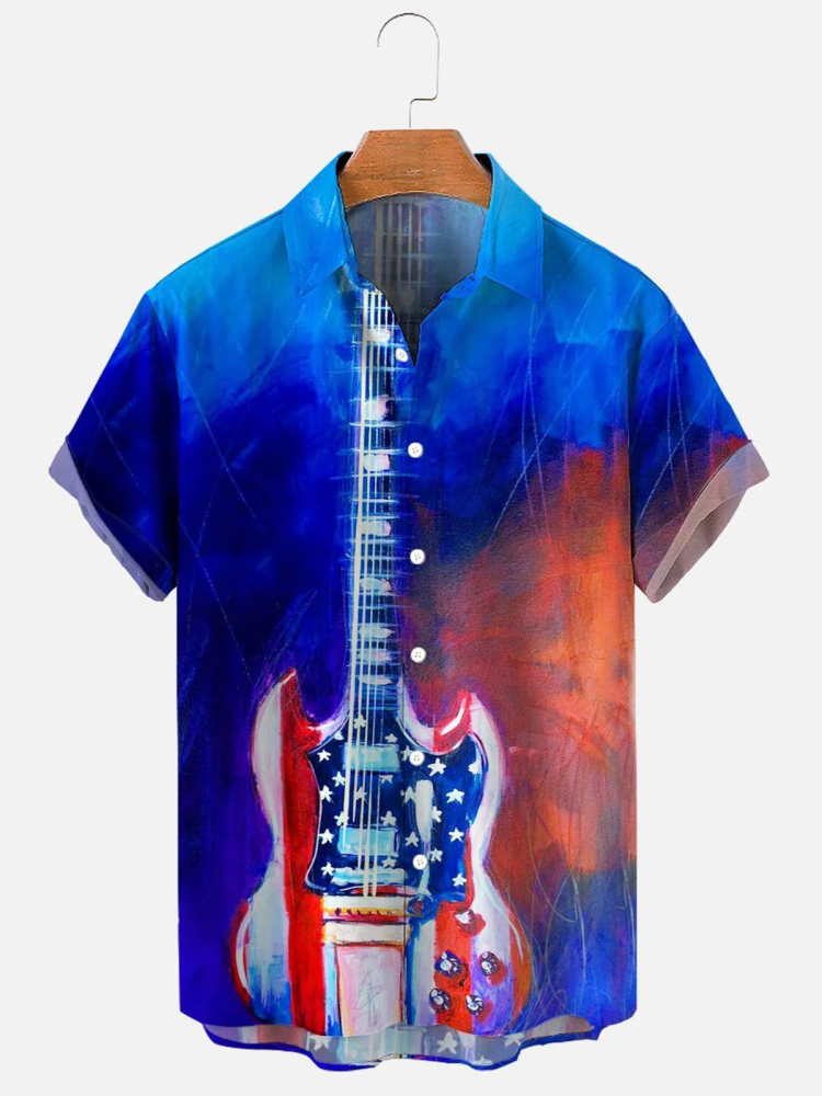 Independence Day American Flag Guitar Men''s hawaiian Shirts for men and women