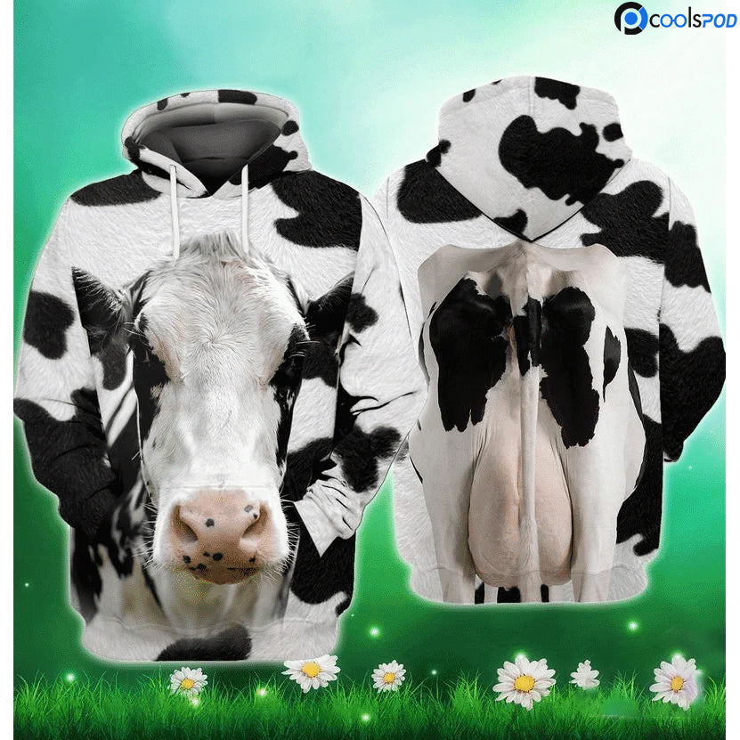 Full Face Holstein Friesian Cattle 3D All Over Printed Hoodie Milk Cow Hoodie For Men Women Farm Gift