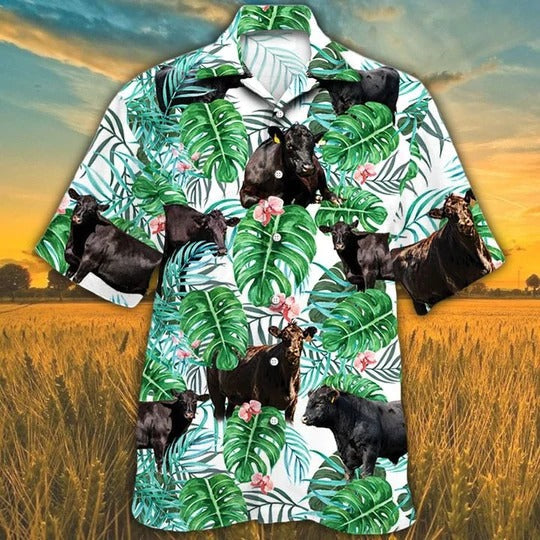 Black Angus Cattle Lovers Tropical Plant Hawaiian Shirt/ Unisex Print Aloha Short Sleeve Casual Shirt