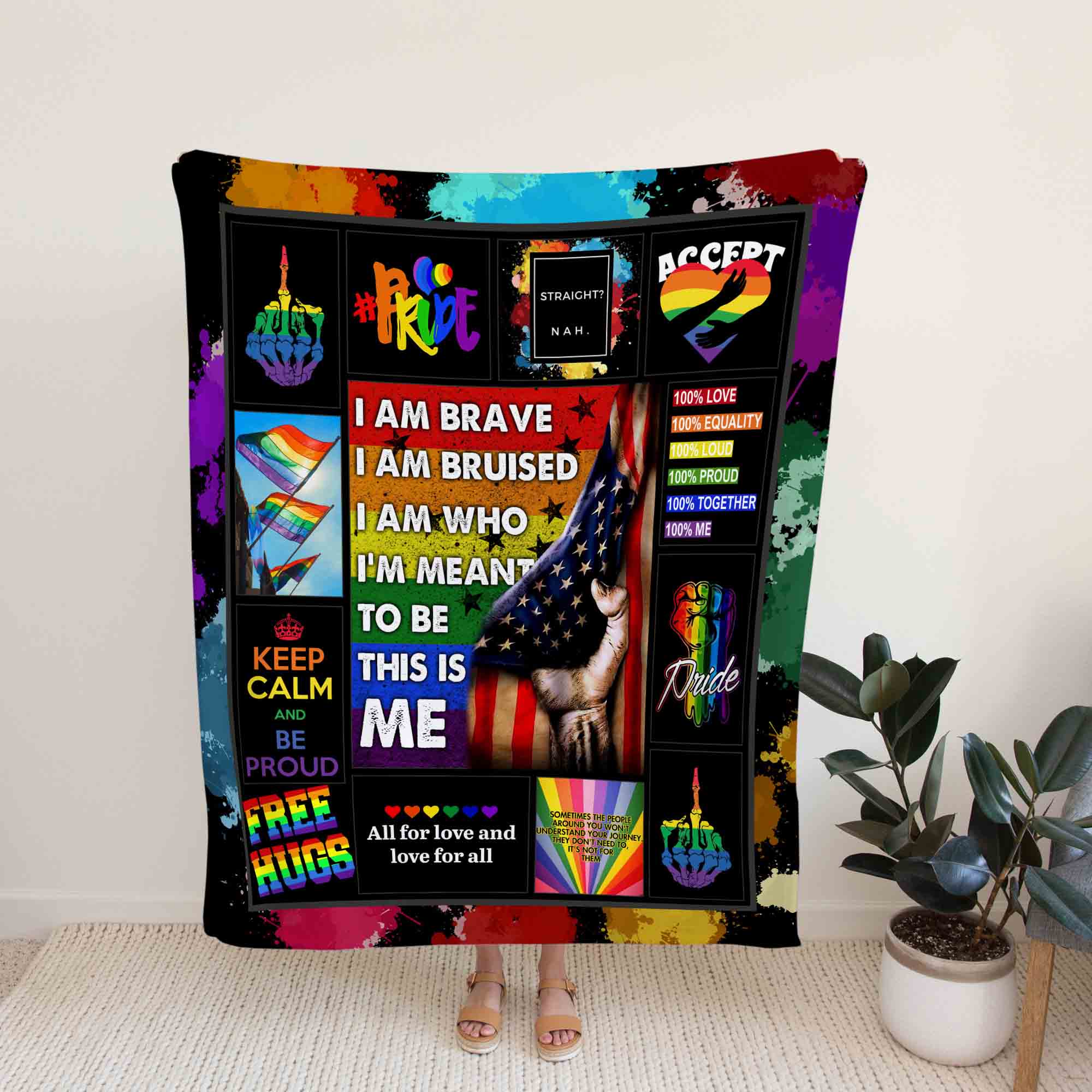 Lgbt Pride Blanket/ I Am Brave Blanket/ Free Hugs Blankets/ Gaymer Gifts/ Lesbian Gift