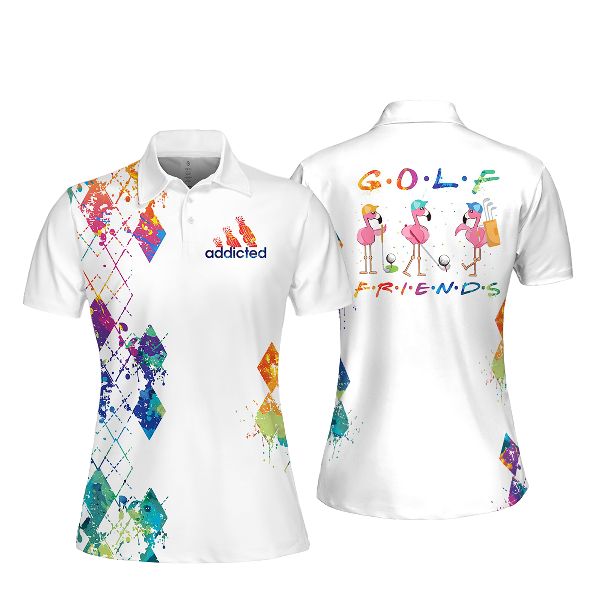 Watercolor Flamingo Golf Friends Argyle Women Short Sleeve Polo Shirt/ Sleeveless Polo Shirt