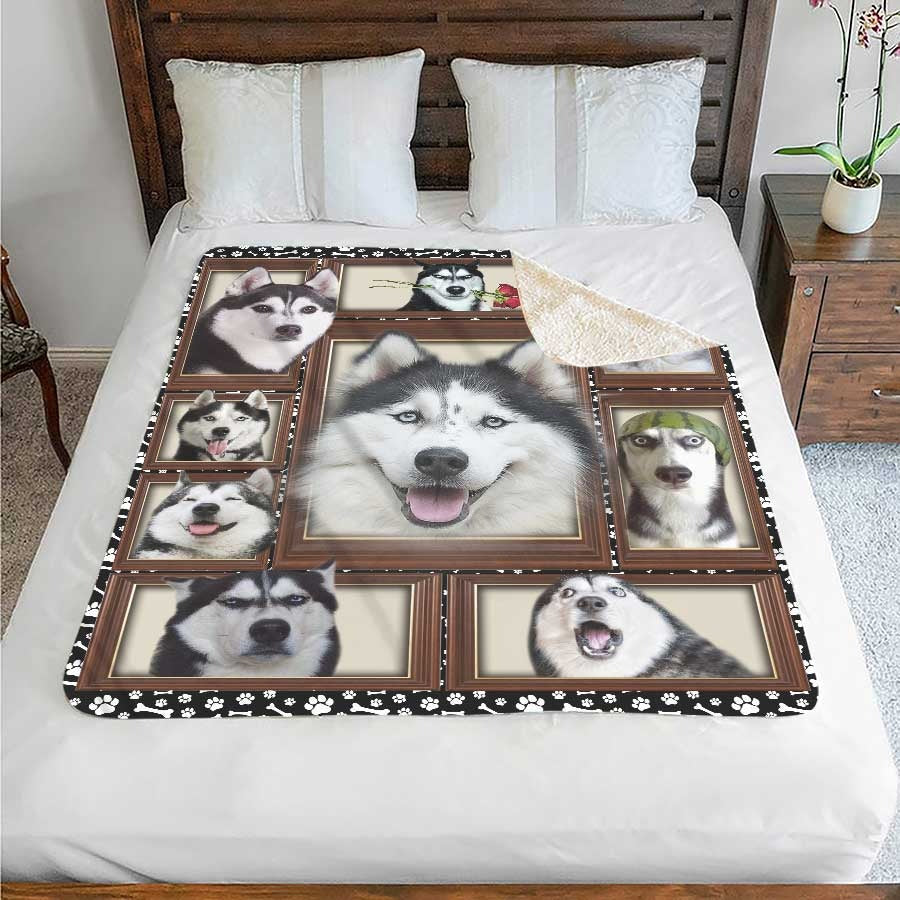 Funny Siberian Husky Print On Blanket/ Cute Dog Fleece Sherpa Blanket Soft Cozy Blanket For Pet Lover