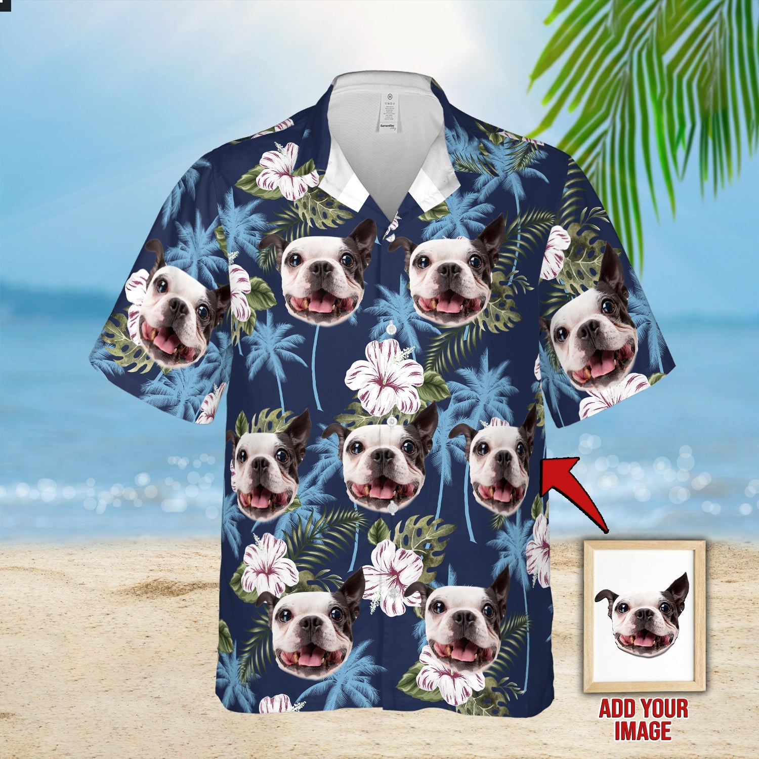 Custom Image Dog Blue Palm Tree and Flower Pattern Hawaiian Shirt/ Gift for Dog Lovers