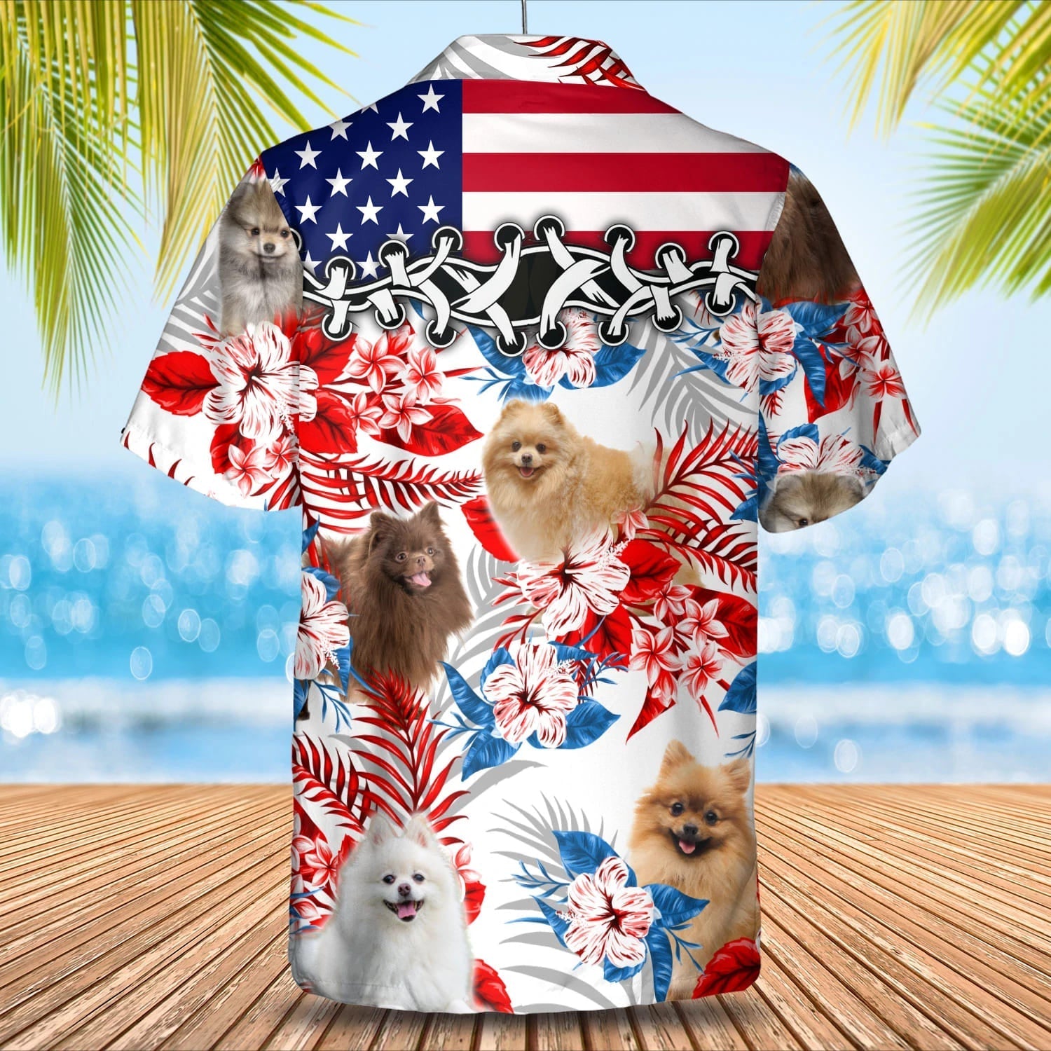 Pomeranian flower American flag Hawaiian Shirt/ Summer aloha shirt/ Men Hawaiian shirt/ Gift for summer