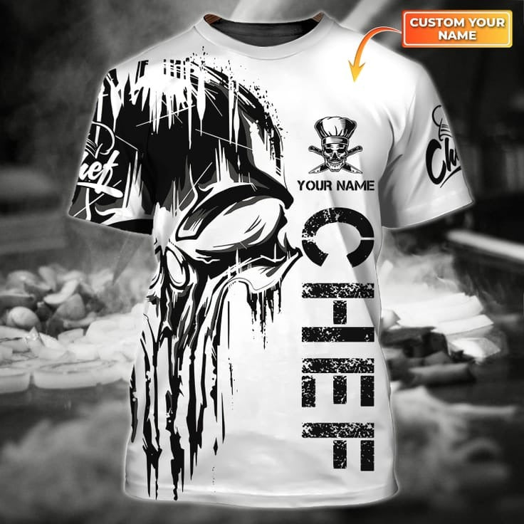 Personalized Name 3D Skull Chef Shirt/ White Skull Uniform Shirt For Master Chef/ Chef Gifts