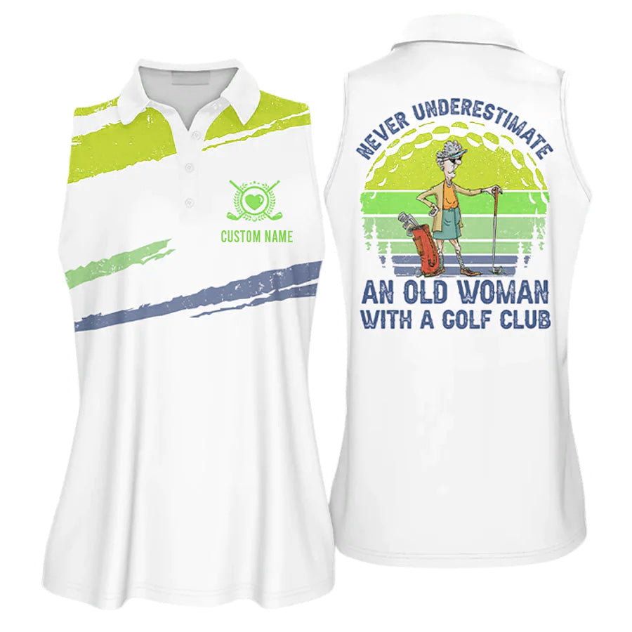 Personalized Never Underestimate An Old Woman With A Gold Club Vintage Multicolor Sleeveless Polo Shirt for woman