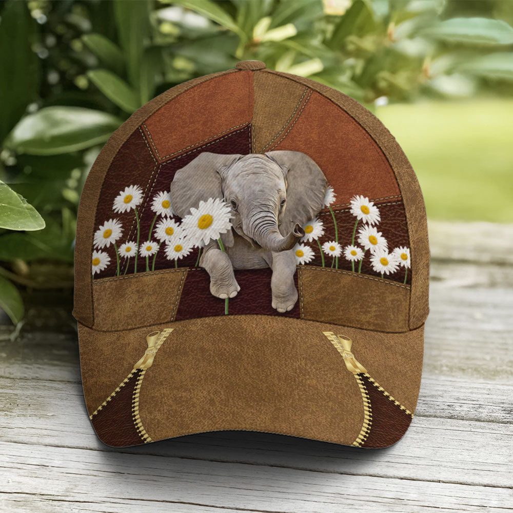 Lovely Elephant Daisy Flowers Leather Baseball Cap Coolspod