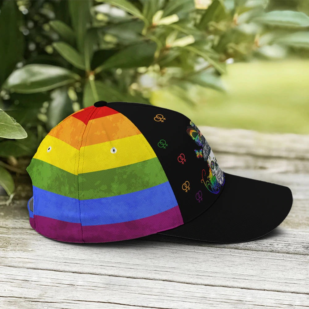 LGBTQ Girl And Sugar Skull Rainbow Baseball Cap/ Pride Cap For Lesbian/ Gaymer