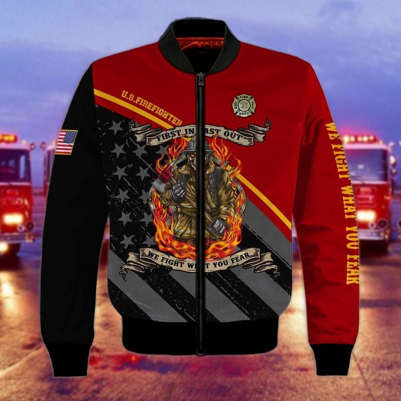 3D All Over Printed US Firefighter Flag Shirt/ First In Last Out We Fight What You Fear/ Skull Firefighter Shirt