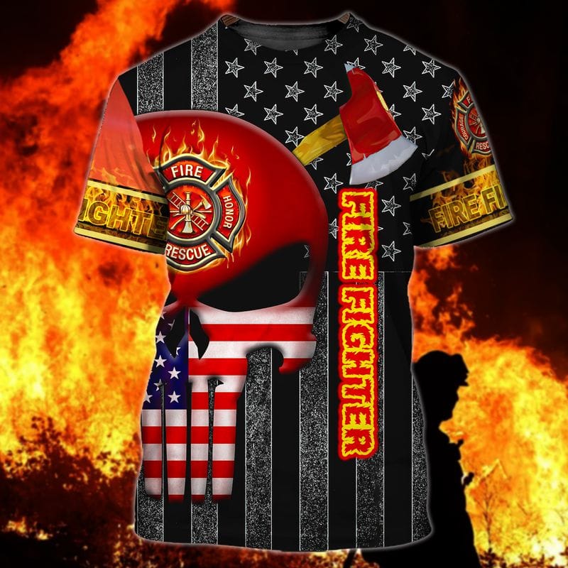 Skull Red American Flag Pattern Firefighter All Over Print Shirt