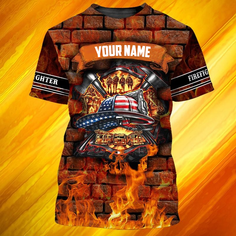 Custom Name Brick On Fire Firefighter 3D Shirt/ Personalized Firefighter TShirt