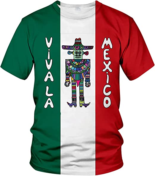 Coolspod Men''s 3D Novelty T-Shirt/ Mexican Robot with Sombrero and Poncho on Mexican Flag Colored Background Print