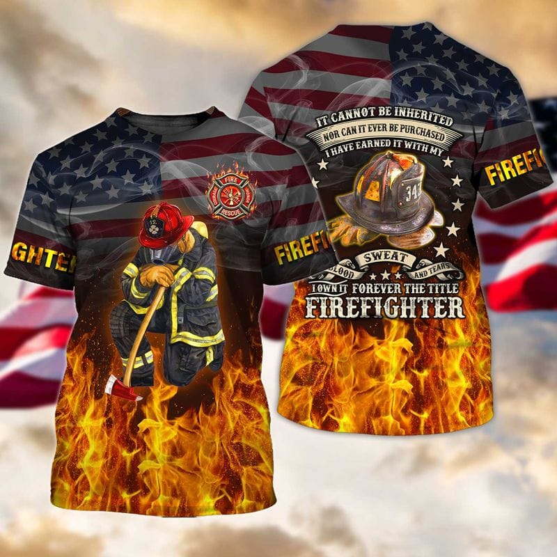 3D All Over Printed US Firefighter TShirt/ Smoke Fire and Flag Pattern/ Firefighter Uniform Shirt