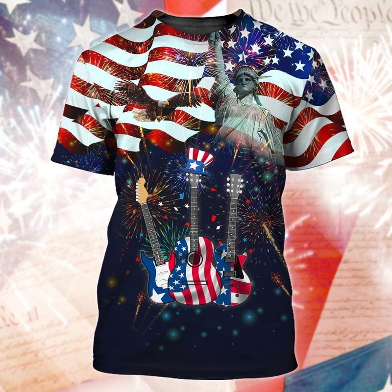 3D Full Printed Guitar Independence Day Shirt/ Guitarist Gift 4Th Of July/ Guitar 3D Shirt