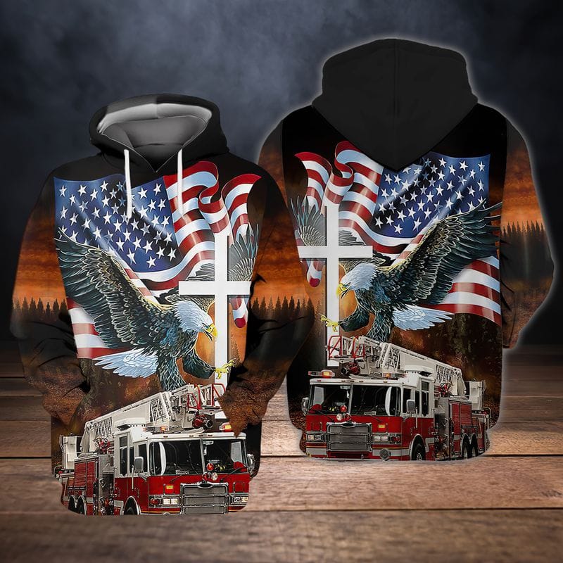 God Blessed Eagle Flag and Fire Truck Firefighter 3D All Over Print Shirt