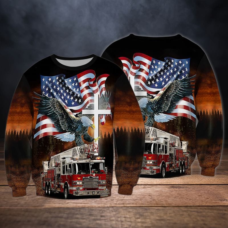 God Blessed Eagle Flag and Fire Truck Firefighter 3D All Over Print Shirt