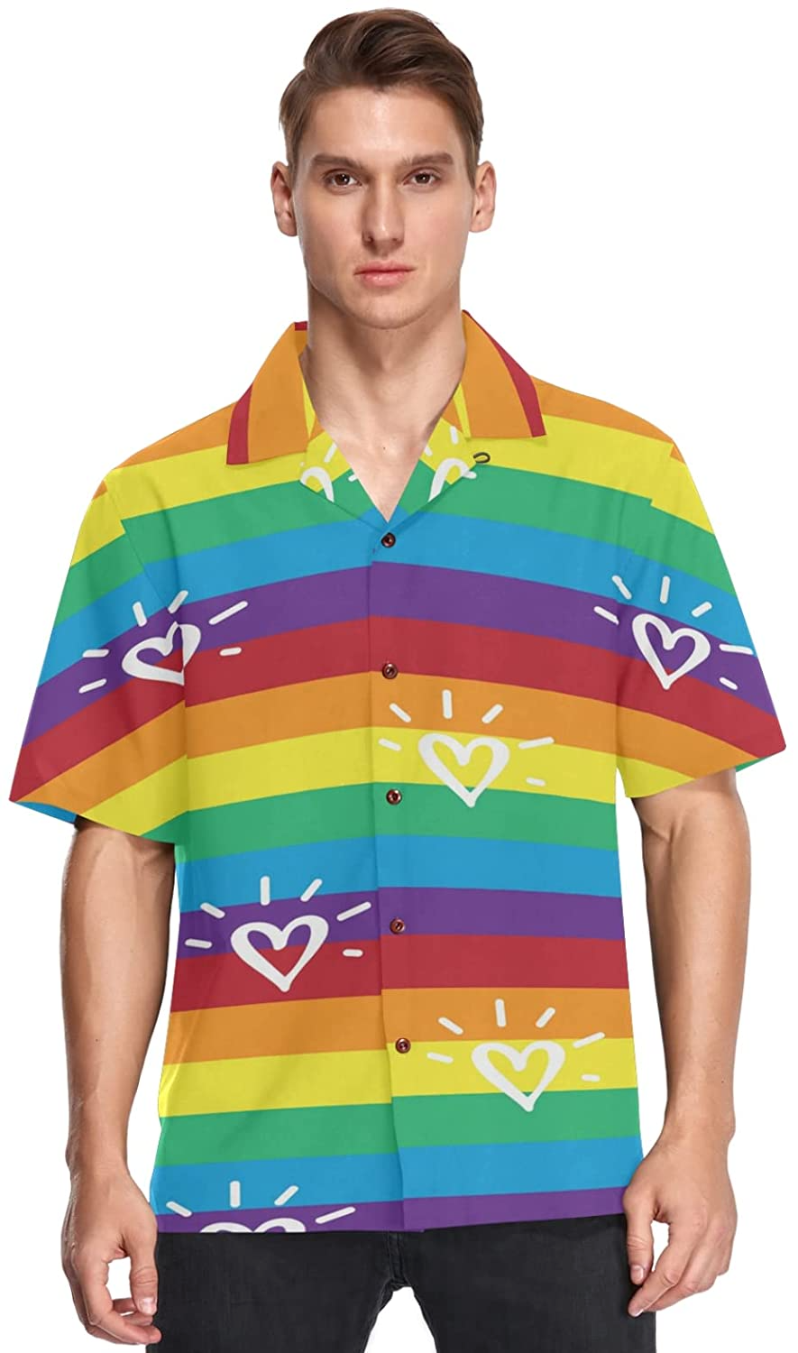Rainbow Lgbt Striped Flag Men''s Hawaiian Shirt Short Sleeves Button Down Aloha Shirts Beach