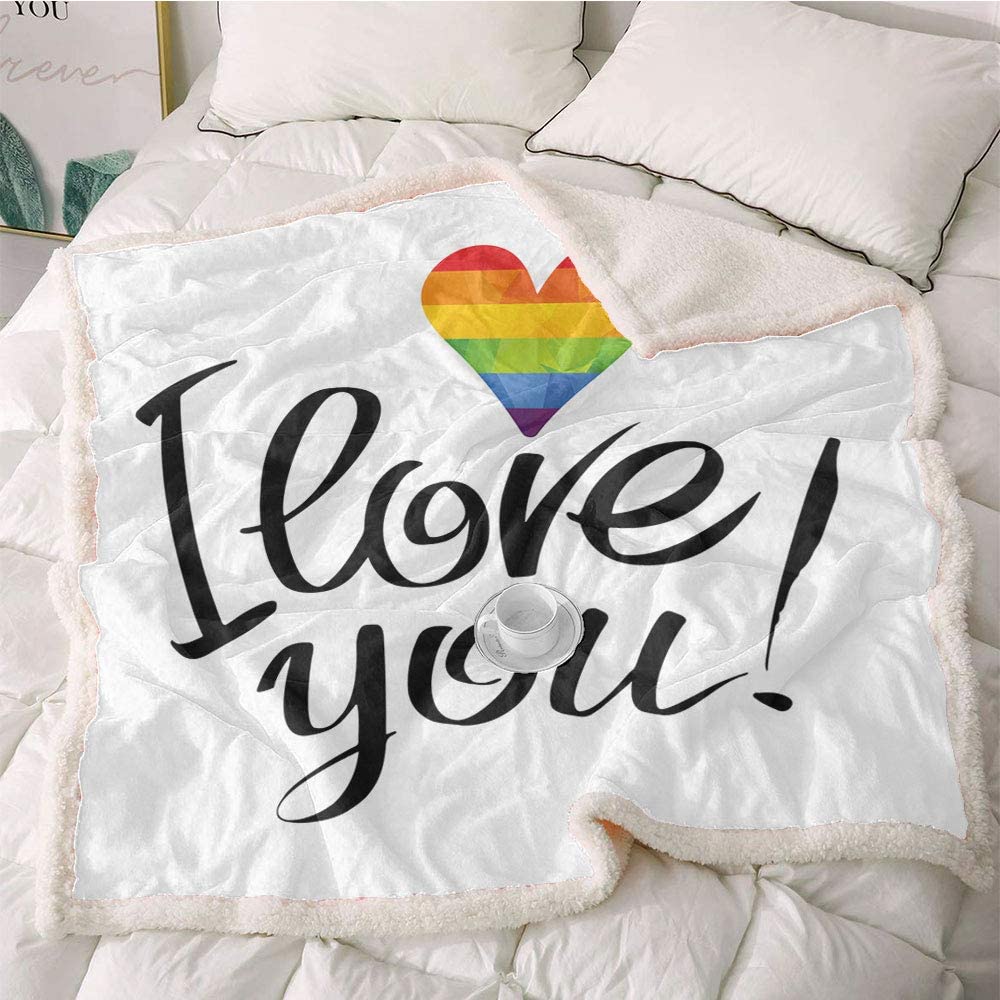 Pride Fleece Blanket/I Love You Letters With Polygonal Effect Rainbow Color Heart Gay Lesbian Couples Blanket