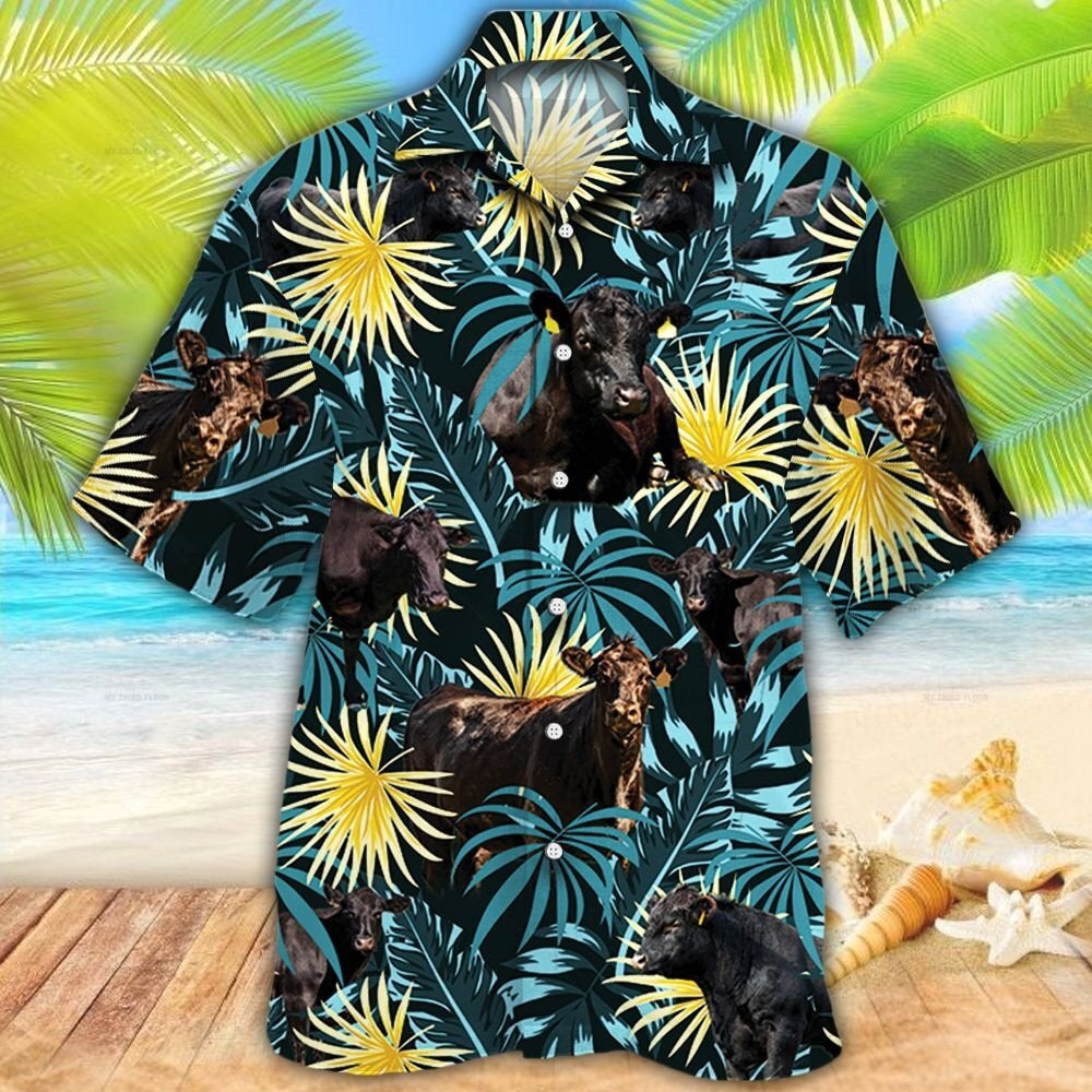 Black Angus Cattle Blue And Yellow Tropical Plants Hawaiian Shirt