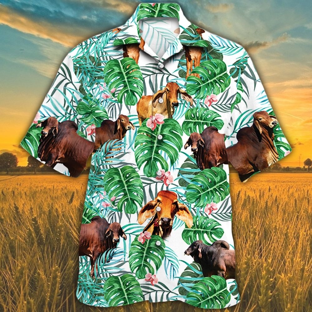 Red Brahman Cattle Lover Tropical Plants Hawaiian Shirts For Cow Lovers/ Bull Cow 3D Hawaii Shirts