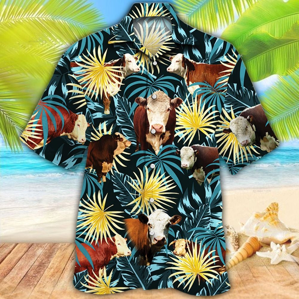 Hereford Cattle Blue And Yellow Tropical Plants Hawaiian Shirt