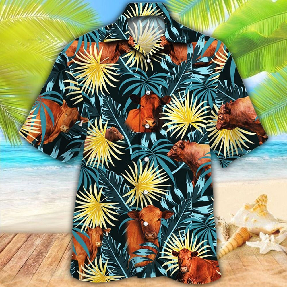 Red Angus Cattle Blue And Yellow Tropical Plants Hawaiian Shirt