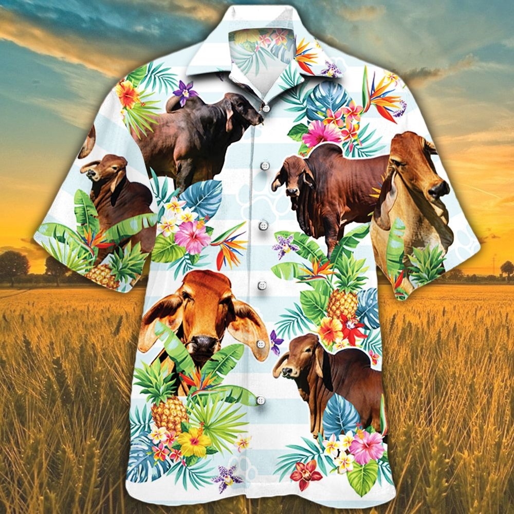 Red Brahman Cattle Lover Tropical Flower Hawaiian Shirts For Cow Lovers/ Bull Cow 3D Hawaii Shirt
