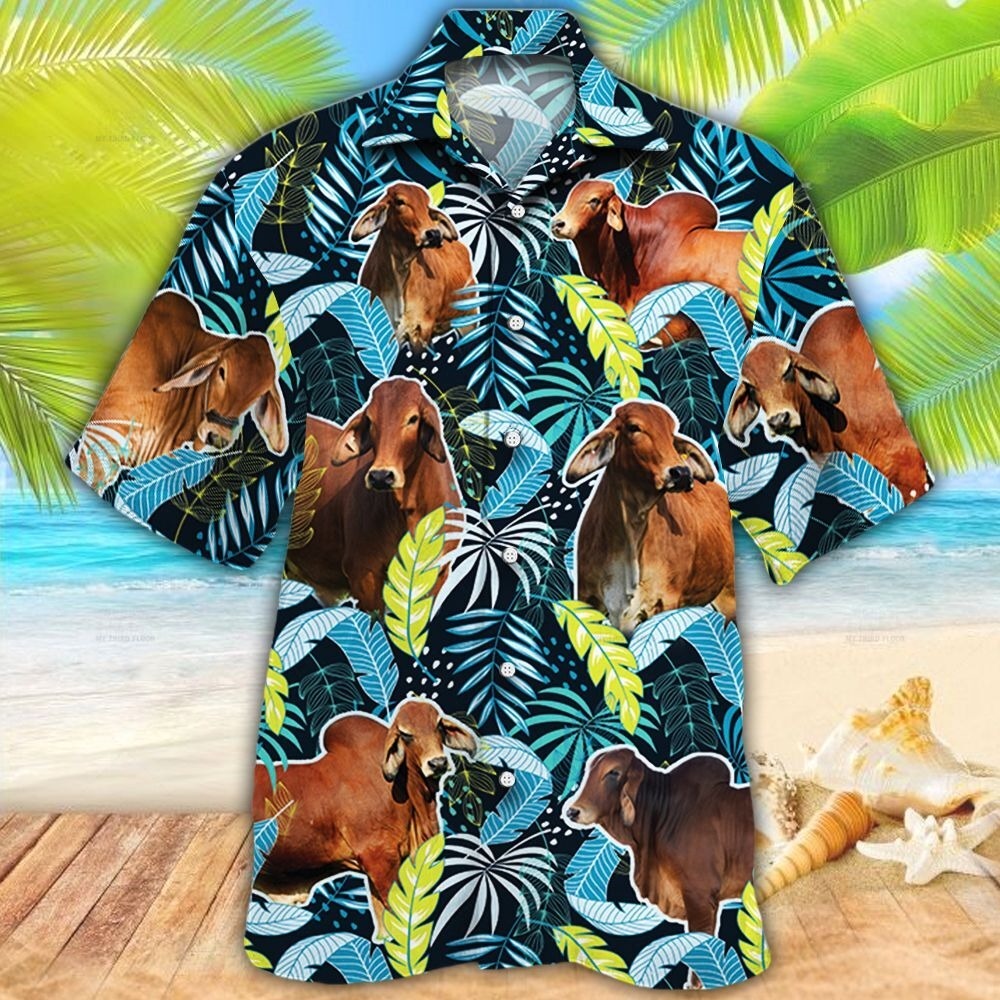 Red Brahman Cattle Lover Jungle Leaves Hawaiian Shirt For Men And Woman/ Cow Bull Hawaiian Beach Shirts