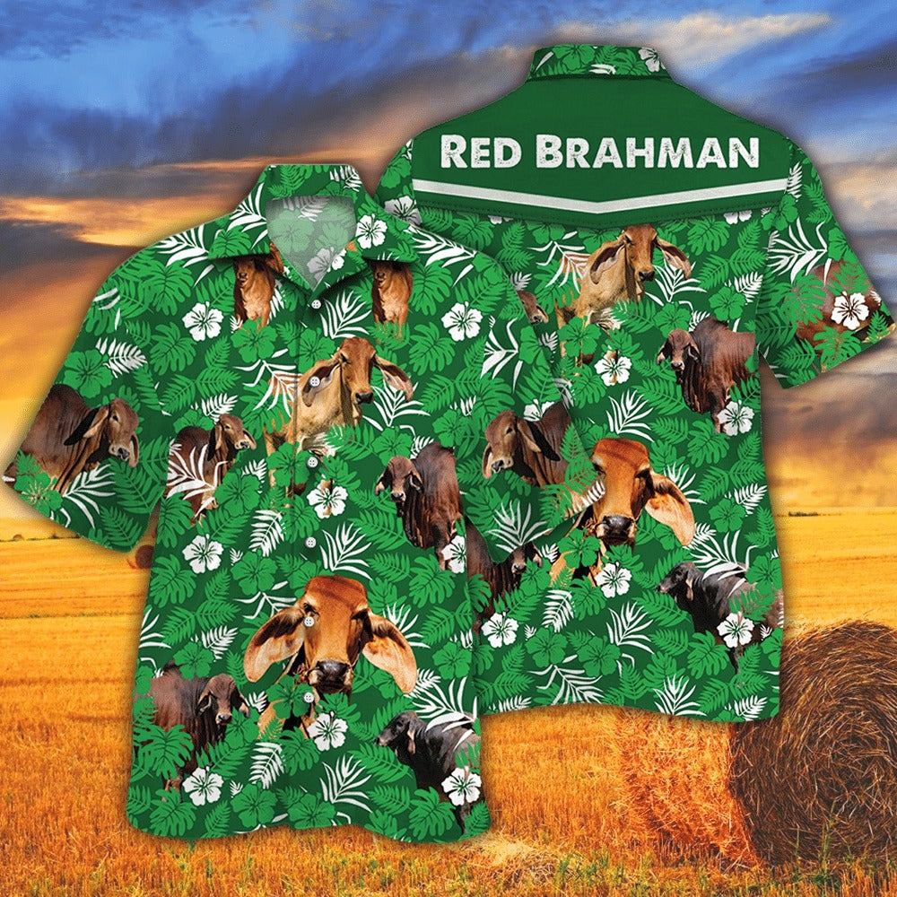 Red Brahman Cattle Lover Green Floral Pattern Hawaiian Shirt For Men And Women/ Floral Bull Cow Hawaii Beach Shirt