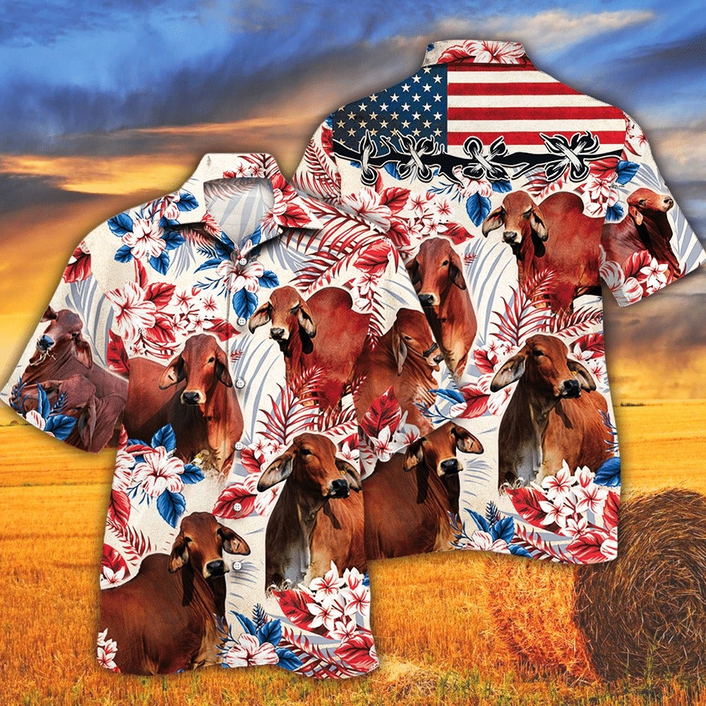 Red Brahman Cattle Lover American Flag Pattern Hawaiian Shirt For Adults/ Cow Bull Hawaii Shirt For Summer