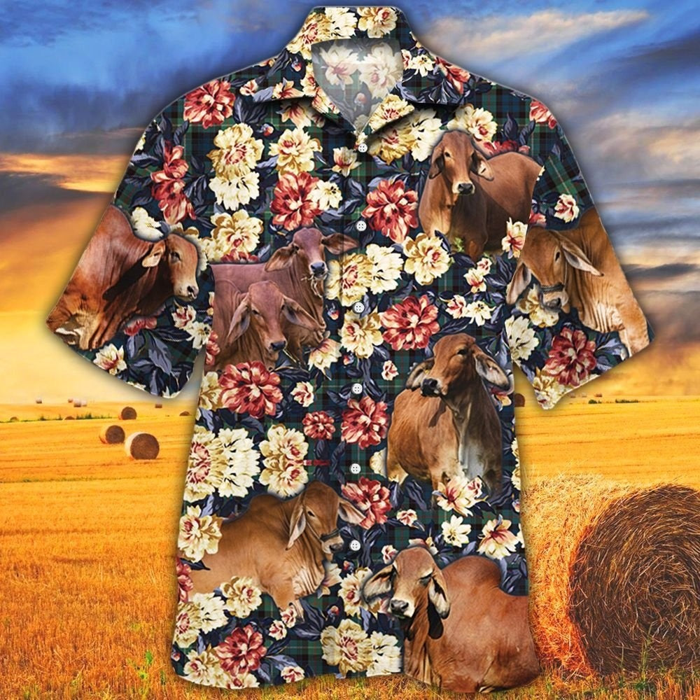 Red Brahman Cattle Lover floral flower Pattern Hawaiian Shirt For Adults/ Cow Bull Hawaii Shirt For Summer