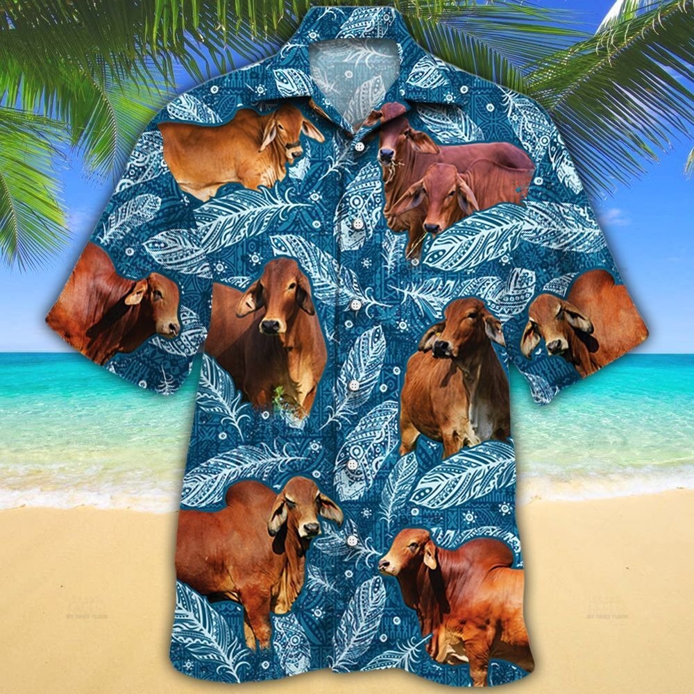 Red Brahman Cattle Lover Blue Feather Hawaiian Shirt/ Cow Bull Hawaii Aloha Beach Shirts