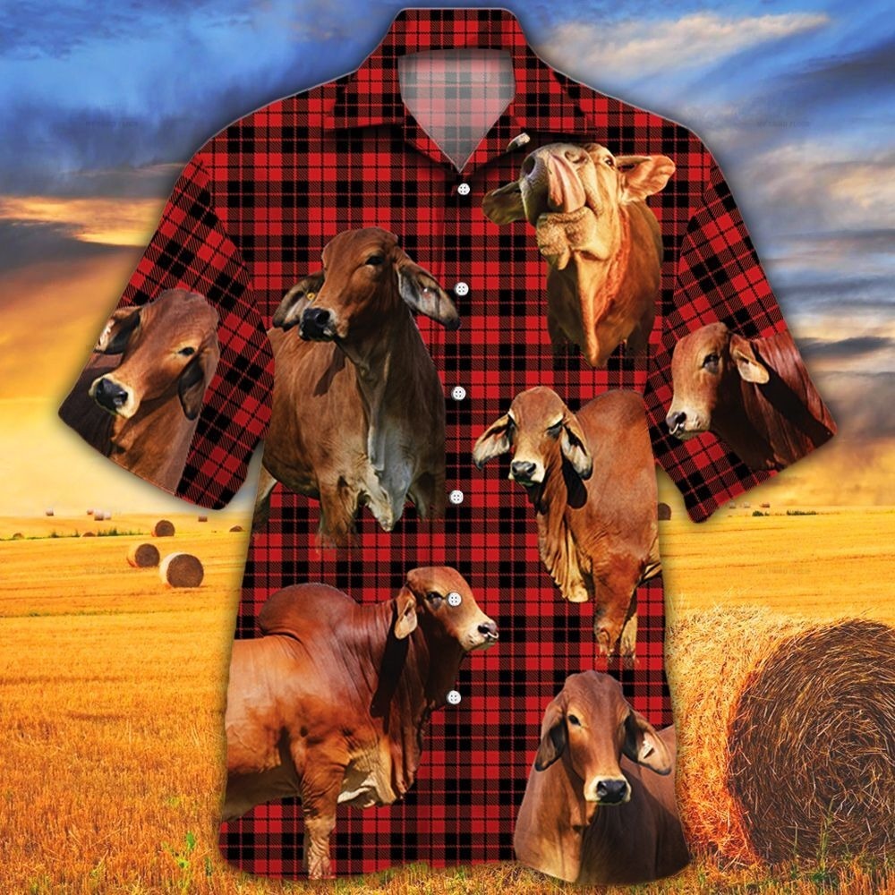 Red Brahman Cattle Lover Red Tartan Pattern Hawaiian Shirt For Adults/ Cow Bull Hawaii Shirt For Summer