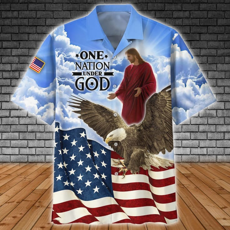 One Nation Under God 3D Hawaiian Shirt For Independence Day/ Eagle And Usa Flag Hawaiian Shirts