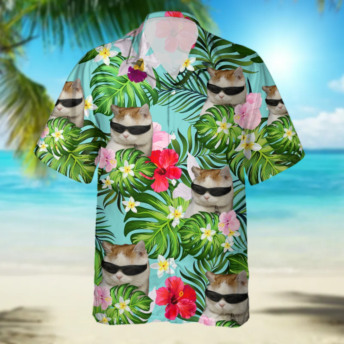 Custom Cat Photo floral Hawaiian Shirt/ Summer Gift/ Short Sleeve Aloha Beach Shirt/ Cat Hawaiian Shirt for Men/ Women