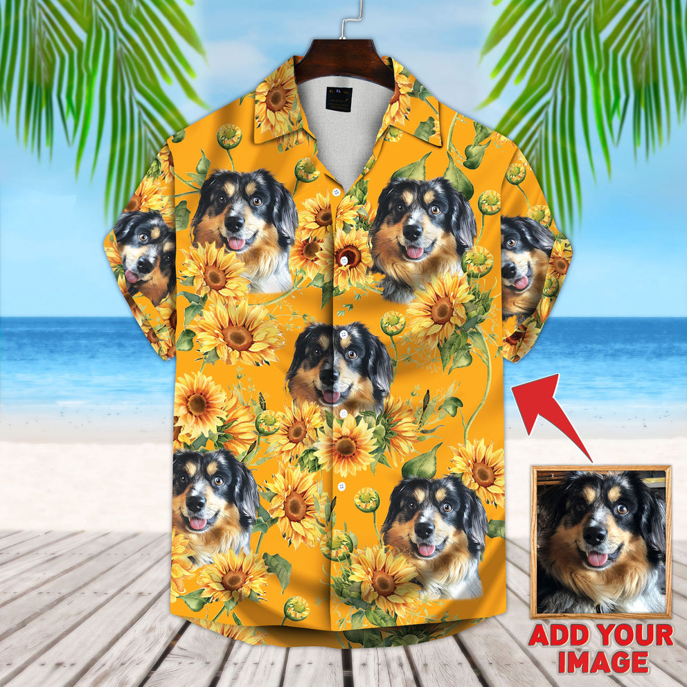 Custom Photo Dog Sunflower & Green Pattern Short-Sleeve Hawaiian Shirt/ Perfect Shirt for Dog Lovers