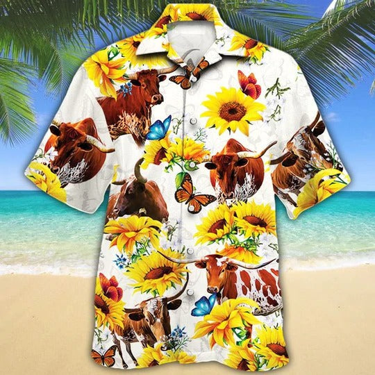 Tx Longhorn Cattle Lovers Sun Flower Hawaiian Shirt/ Cow Aloha Hawaiian Shirt