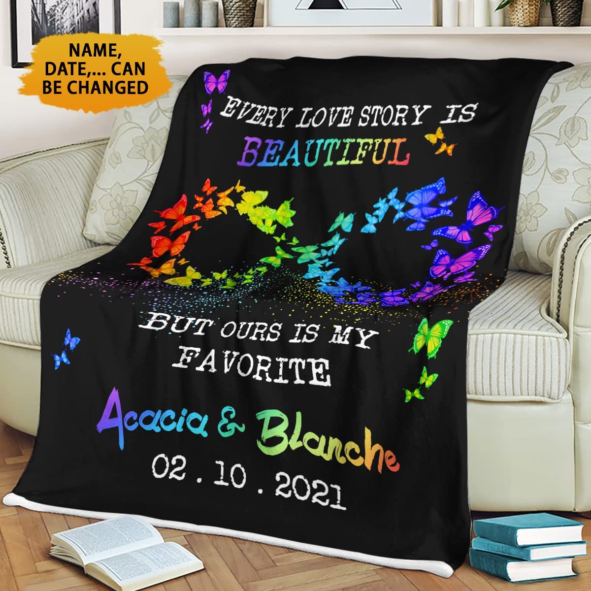 Personalized Rainbow Buttefly Gay Pride Blanket With Couple