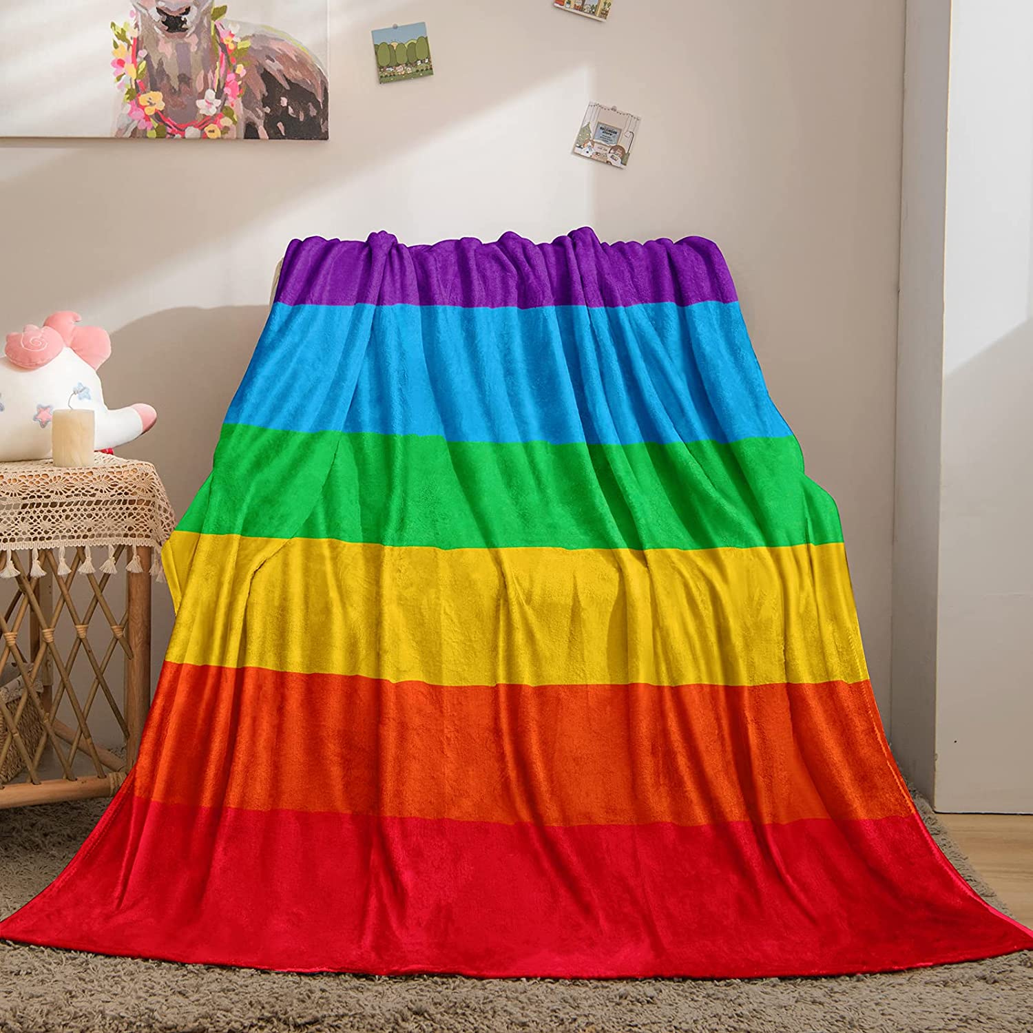 Soft Blanket Rainbow Blanket/ Throw Blanket For Couch Colorful Stripe Rainbow Printed Soft Blanket For Lgbt
