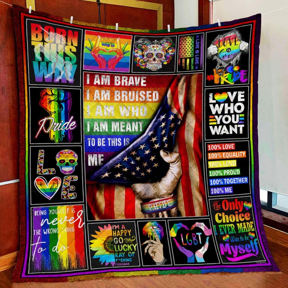 Quilt Bedding Printed Lgbt Pride. I Am Brave Quilt Blanket For Gay Man/ Couple Gaymer Gift