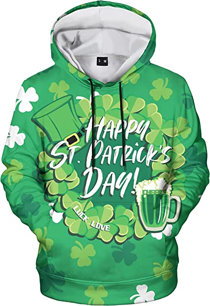 Luck Love Happy St Patrick''s Day Hoodie 3D Printed Graphics Hoodies Cool Realistic with Designs Pullover Sweatshirts for Men Women