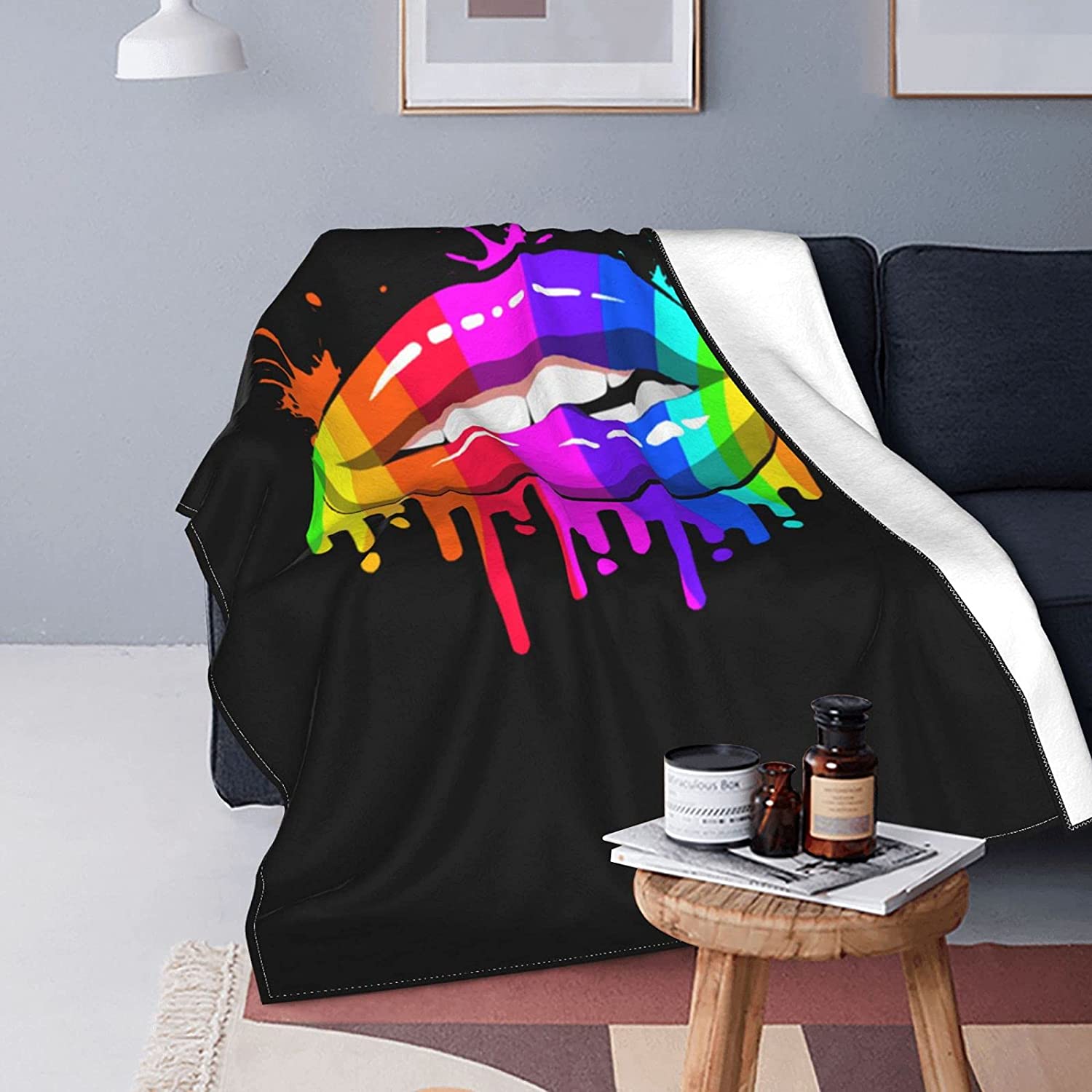 Rainbow Lgbt Gay Pride Lips Flannel Blanket/ Rainbow Lips Blanket For Lesbian/ Bisexual Couple Gift