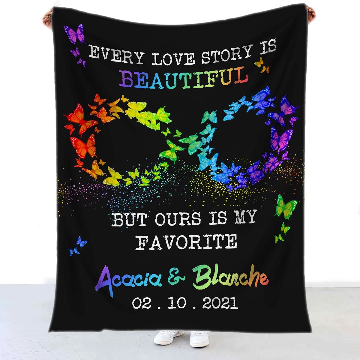 Personalized Rainbow Buttefly Gay Pride Blanket With Couple''S Names And Date/ Lesbian Gay Trans Bisexual Blanket