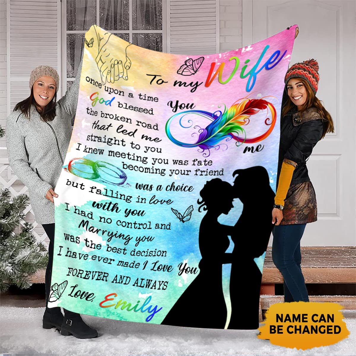 Lgbtq Gay Pride Blanket With Custom Name Rainbow Feather To My Wife Customized Fleece Sherpa Blanket