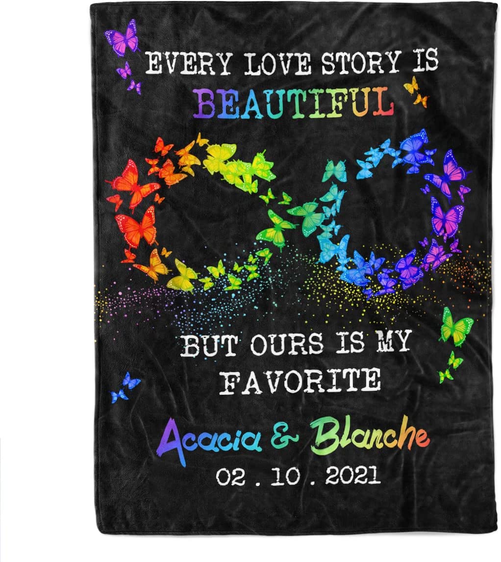 Personalized Rainbow Buttefly Gay Pride Blanket With Couple