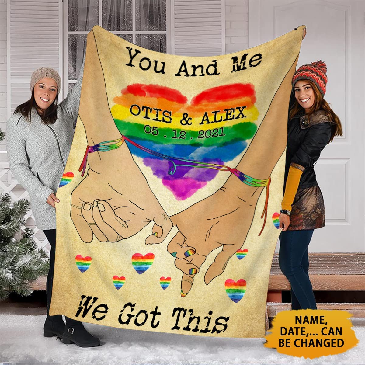 Hand Promise Lgbt Gay Pride Blanket With Personalized Couple''S Name Rainbow Heart You And Me Blanket