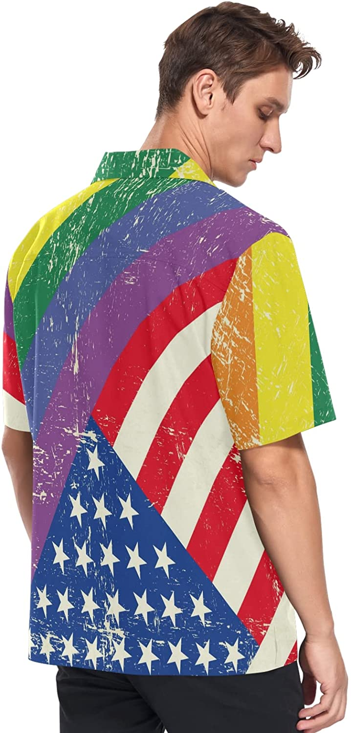 Lgbt Rainbow Men''s Hawaiian Shirt American Flag Background/ Short Sleeves Button Down Aloha Shirts Beach For Ally