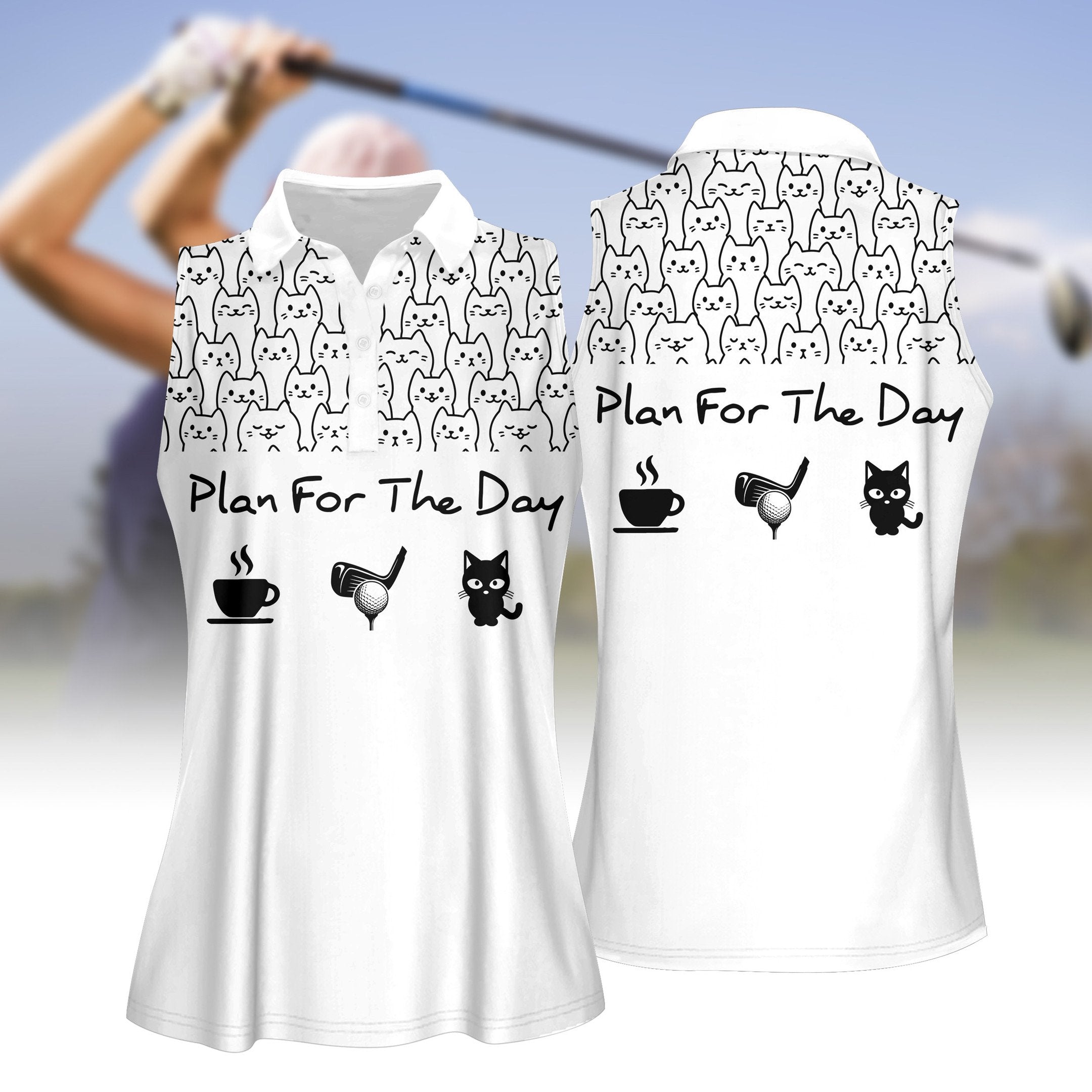 Plan For The Day Coffee/ Golf And Cat Women Short Sleeve Polo Shirt/ Sleeveless Polo Shirt for women