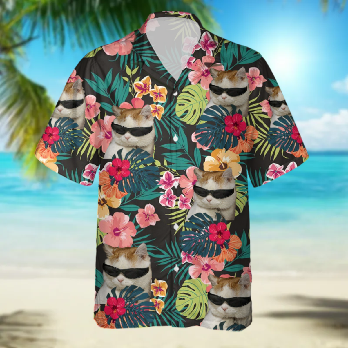 Custom Cat Photo floral Hawaiian Shirt/ Summer Gift/ Short Sleeve Aloha Beach Shirt/ Cat Hawaiian Shirt for Men/ Women