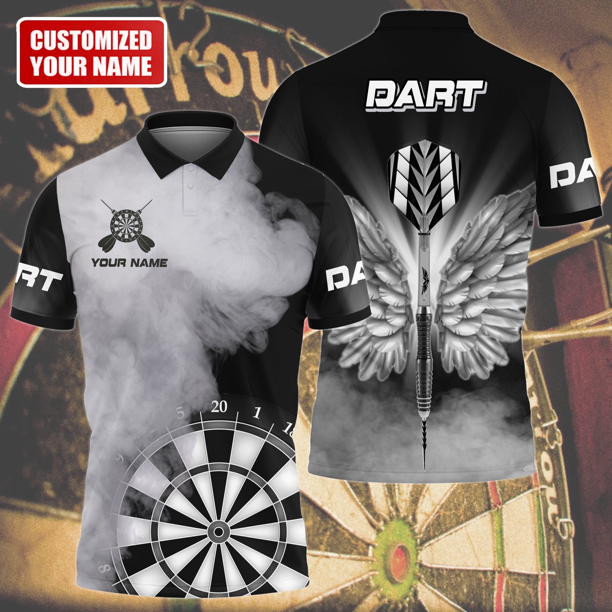 Personalized Name Multi Color Darts Wings All Over Printed Unisex Polo Shirt/ Best Dart Player Shirt